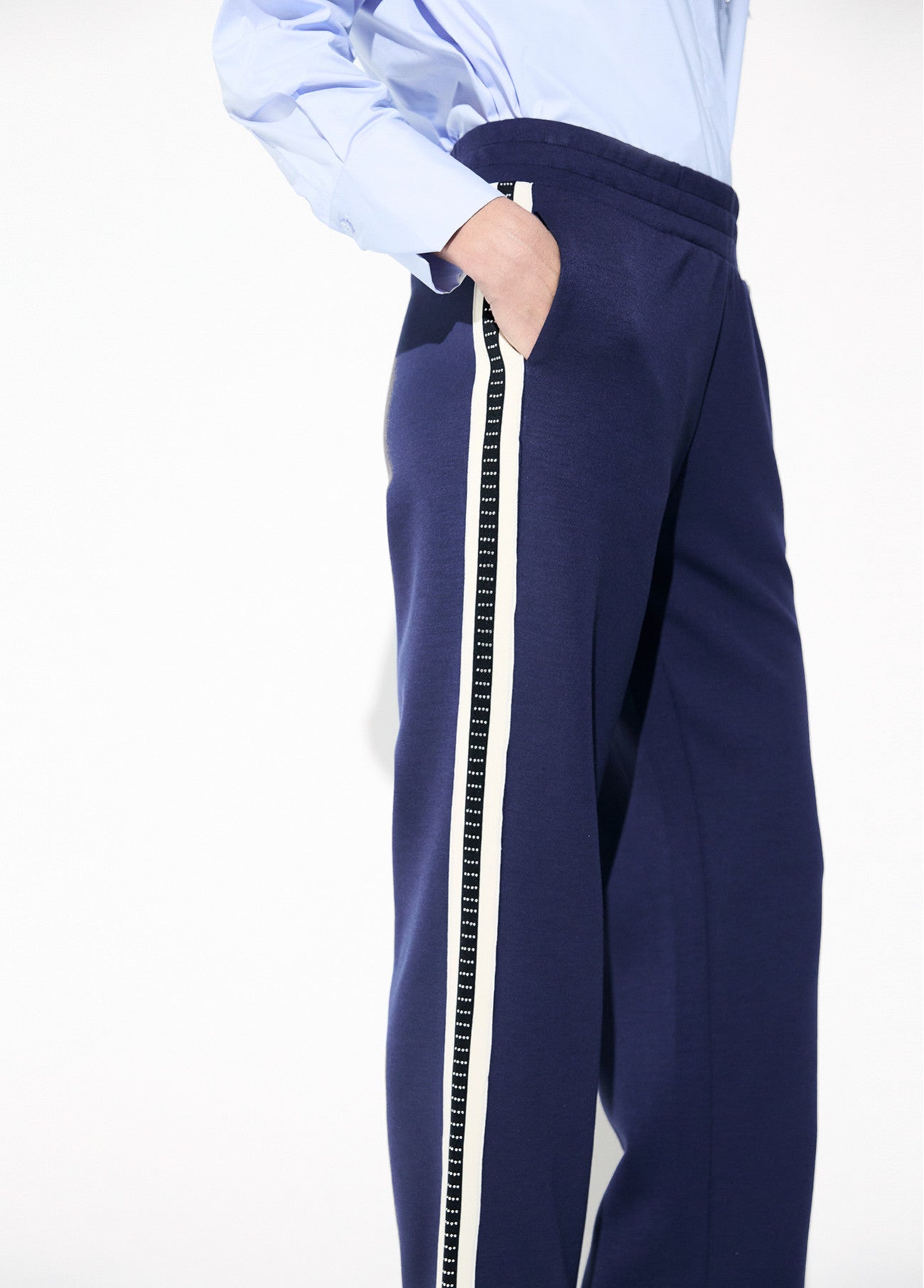Jogger trousers with two-tone side band detail and blue rhinestones