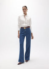 Long straight denim with two-tone side piece and studs on the sides