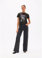 Long straight denim with two-tone side piece and studs on the sides