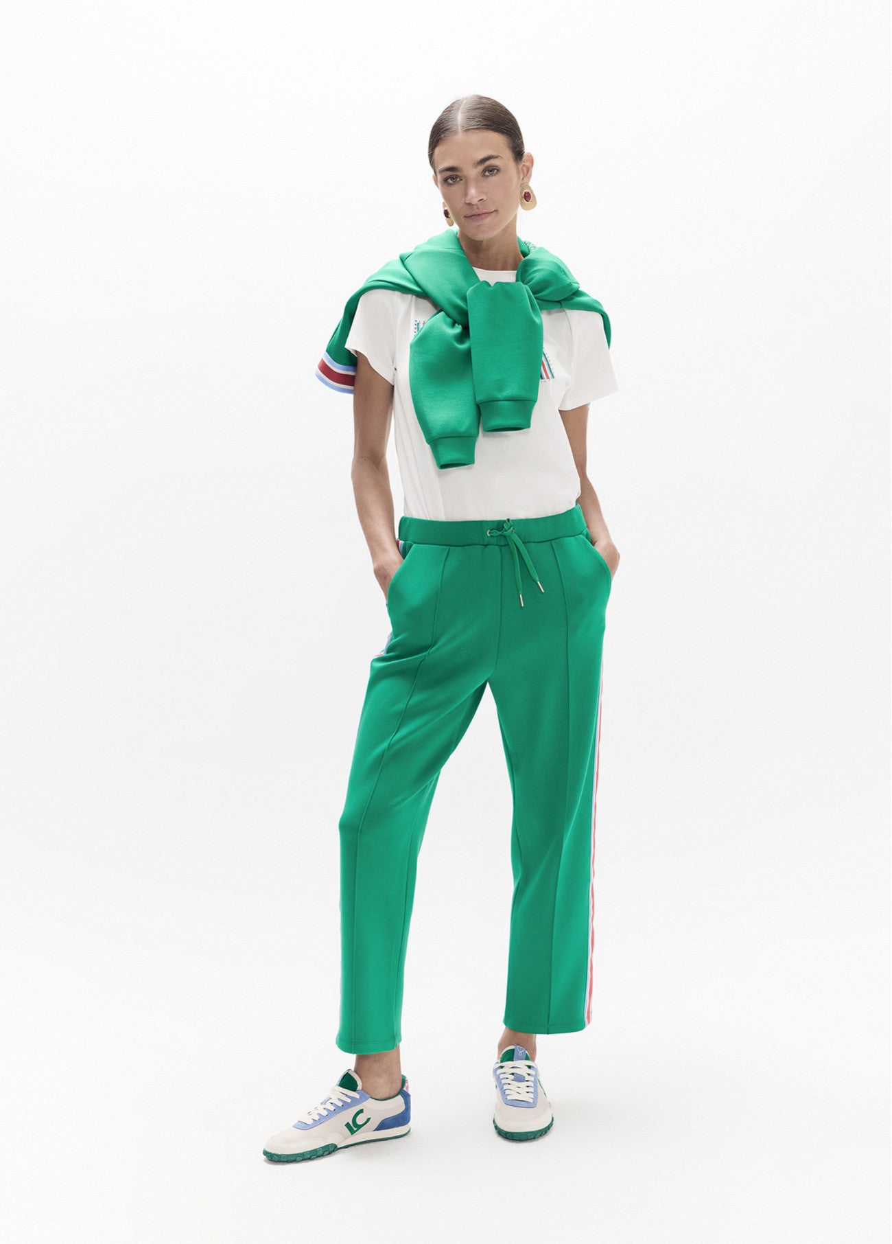 Jogger pants with three-color side band, drawstring adjustment and metallic details