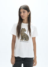 Round neck t-shirt with side slits and positioned leopardo sequins