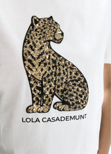 Round neck t-shirt with side slits and positioned leopardo sequins