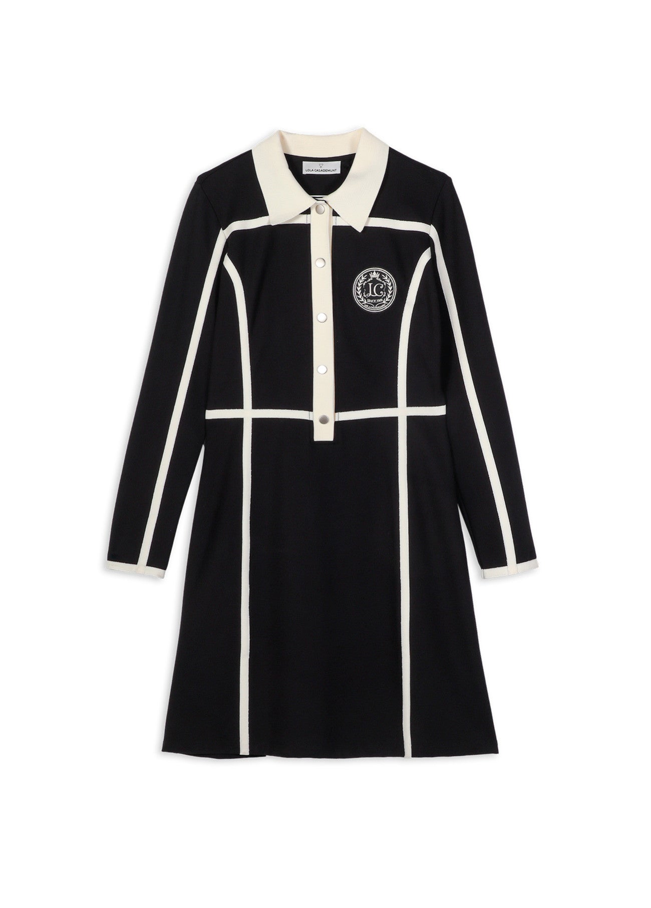 Short roma knit dress, polo neck with contrasting two-tone bands and patch on the front