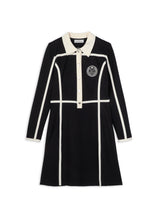 Short roma knit dress, polo neck with contrasting two-tone bands and patch on the front