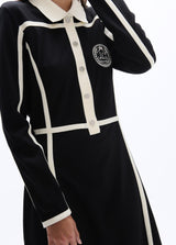 Short roma knit dress, polo neck with contrasting two-tone bands and patch on the front