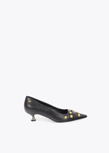 Shoe with jewel appliqué detail and metallic heel