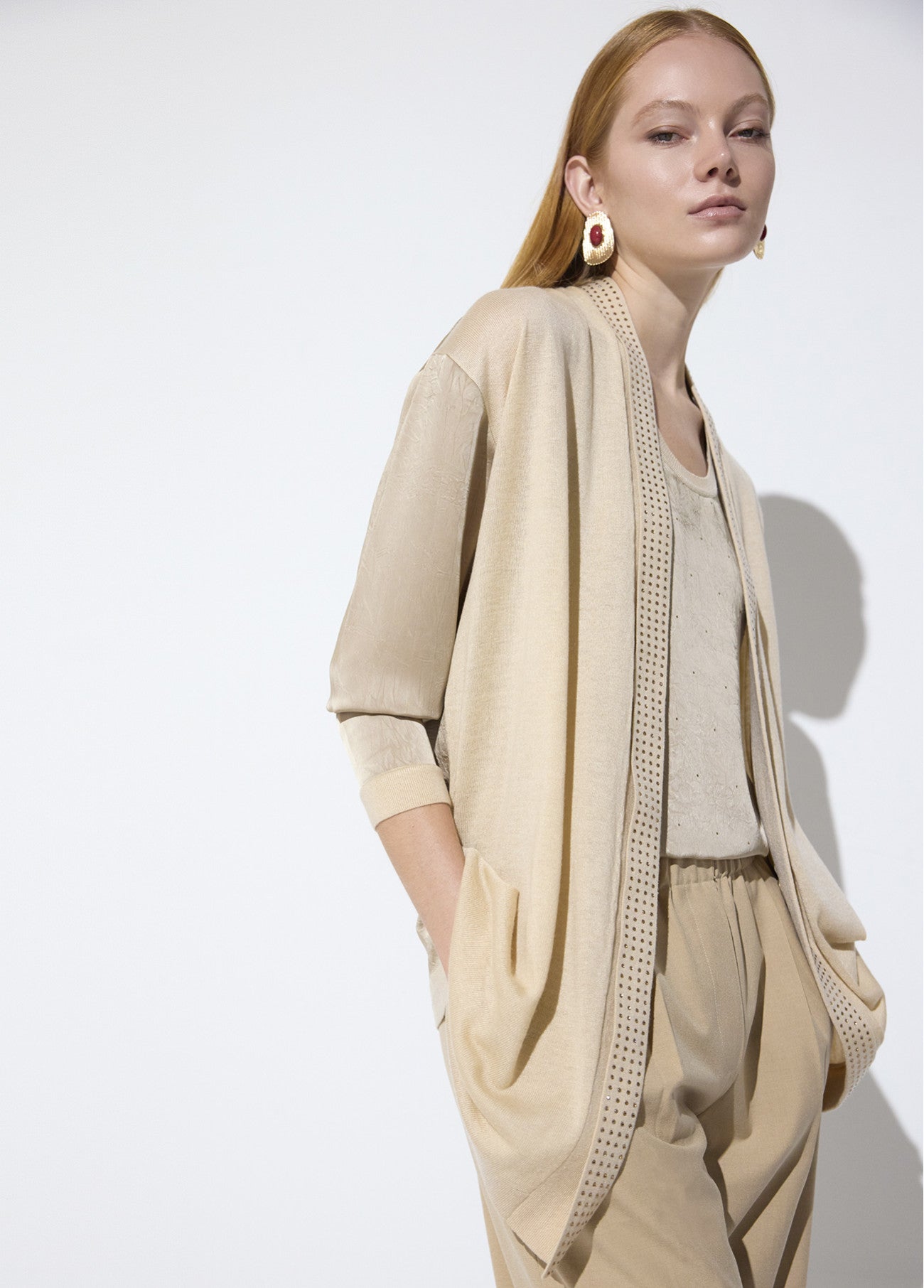Bi-material cardigan with crystals