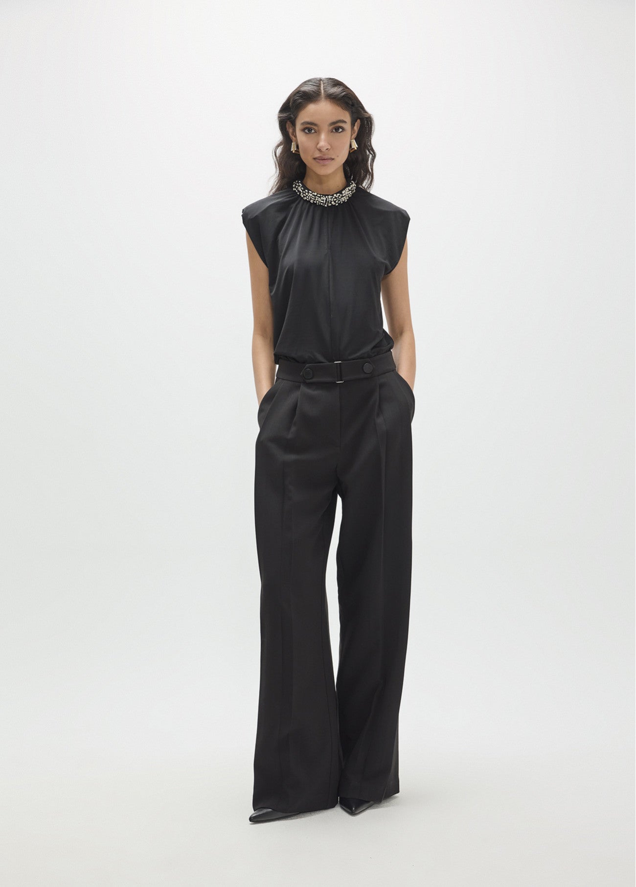 Pleated trousers with waistband detail buckle and snaps