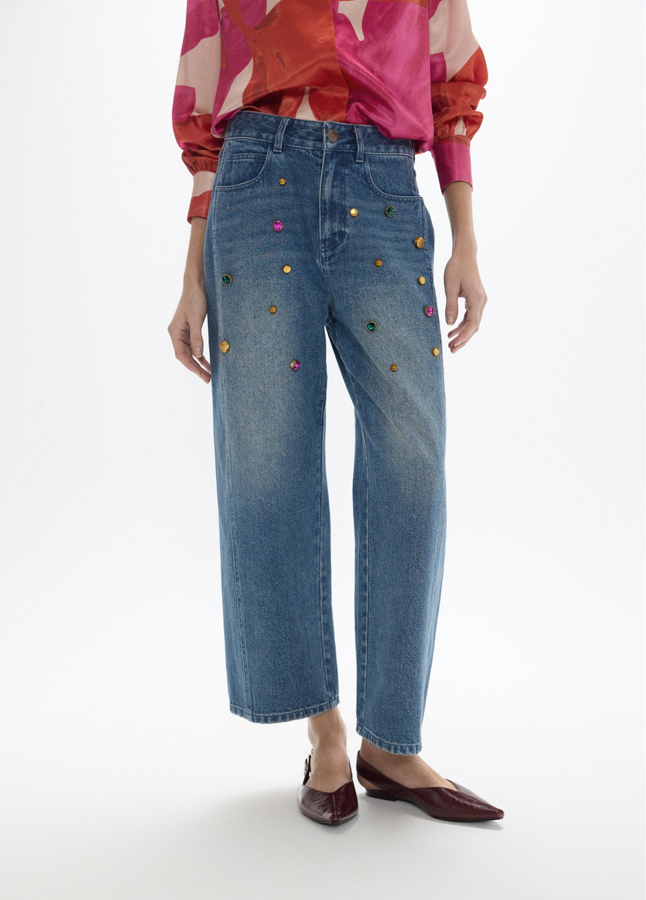 Straight denim with splash of coloured studs