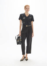V-neck t-shirt with side slits, printed linen cotton and mini studs